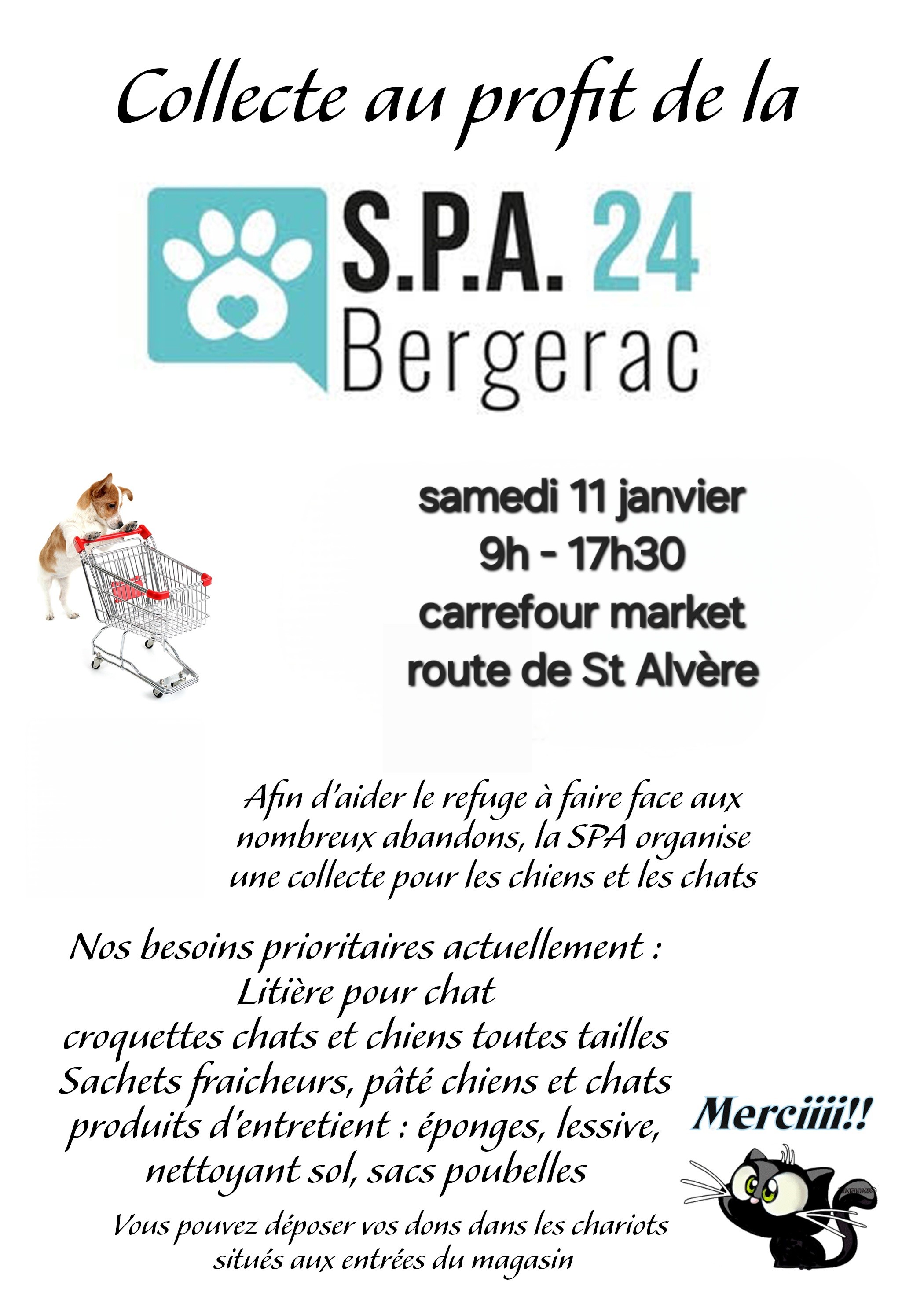 Collecte à Carrefour Market le Samedi 11 Janvier 2025 route de St Alvère 9h-17h30